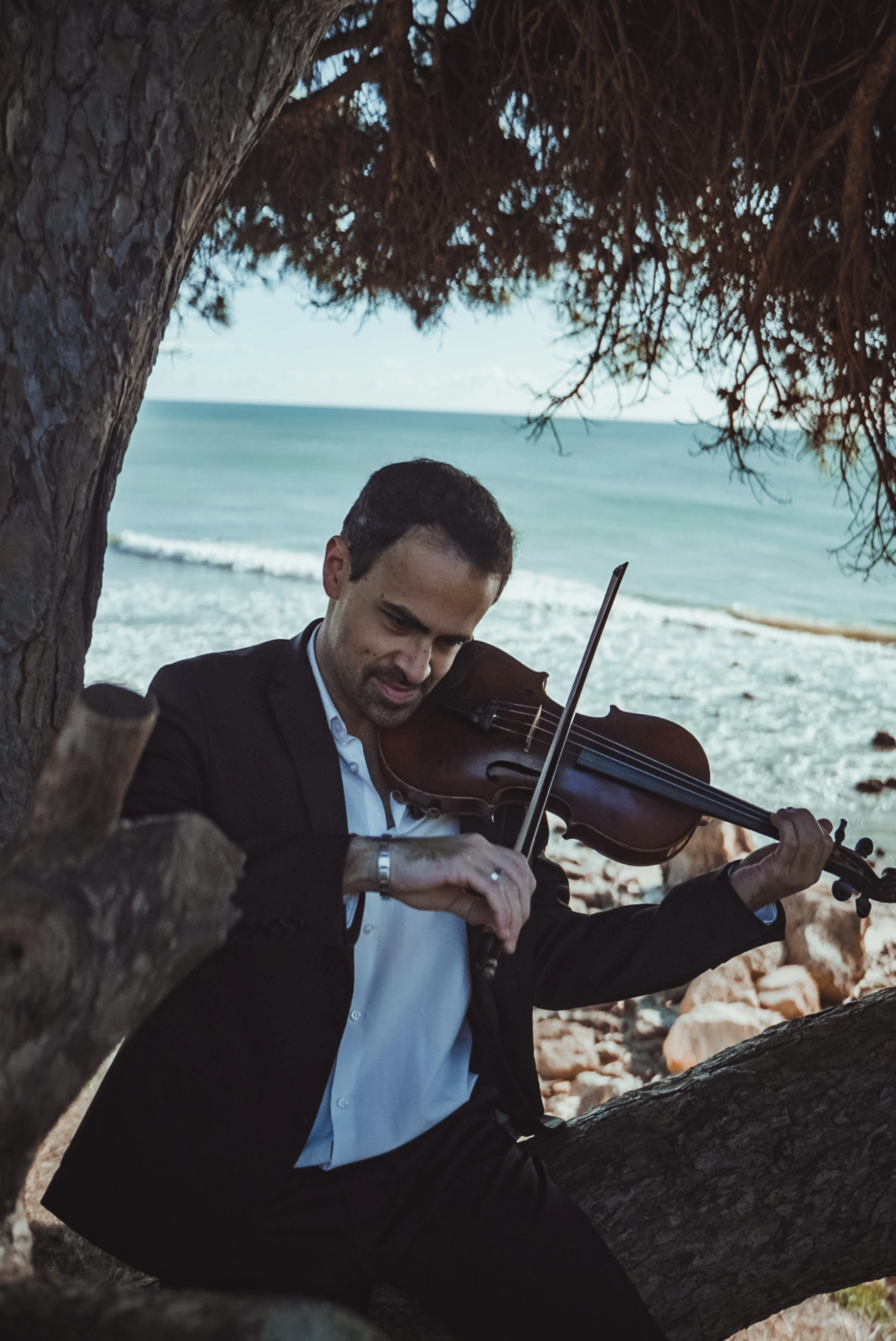E. Sousa playing violin while seated on a tree beside the sea, wearing a black suit
