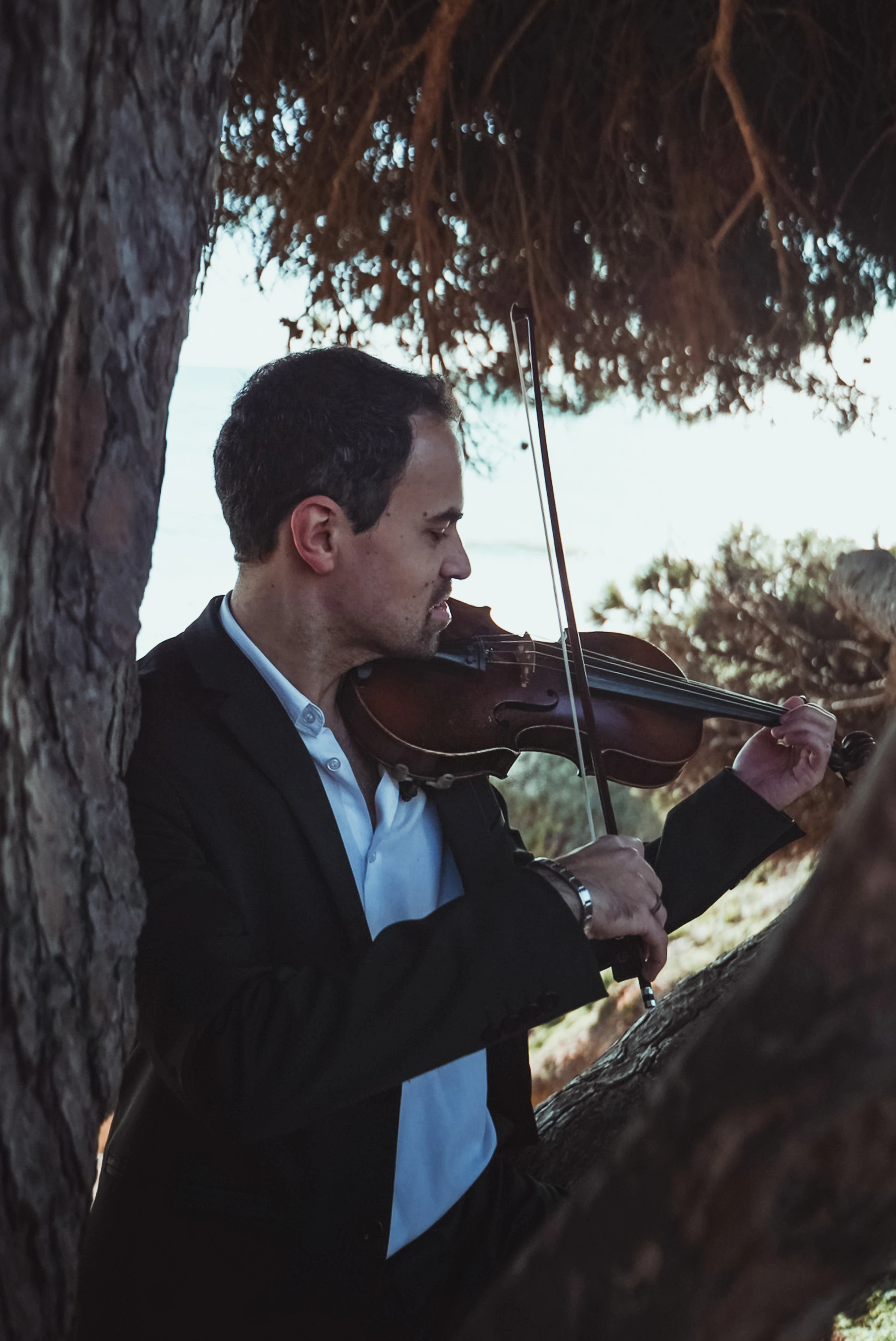 E. Sousa playing violin while seated on a tree beside the sea, wearing a black suit