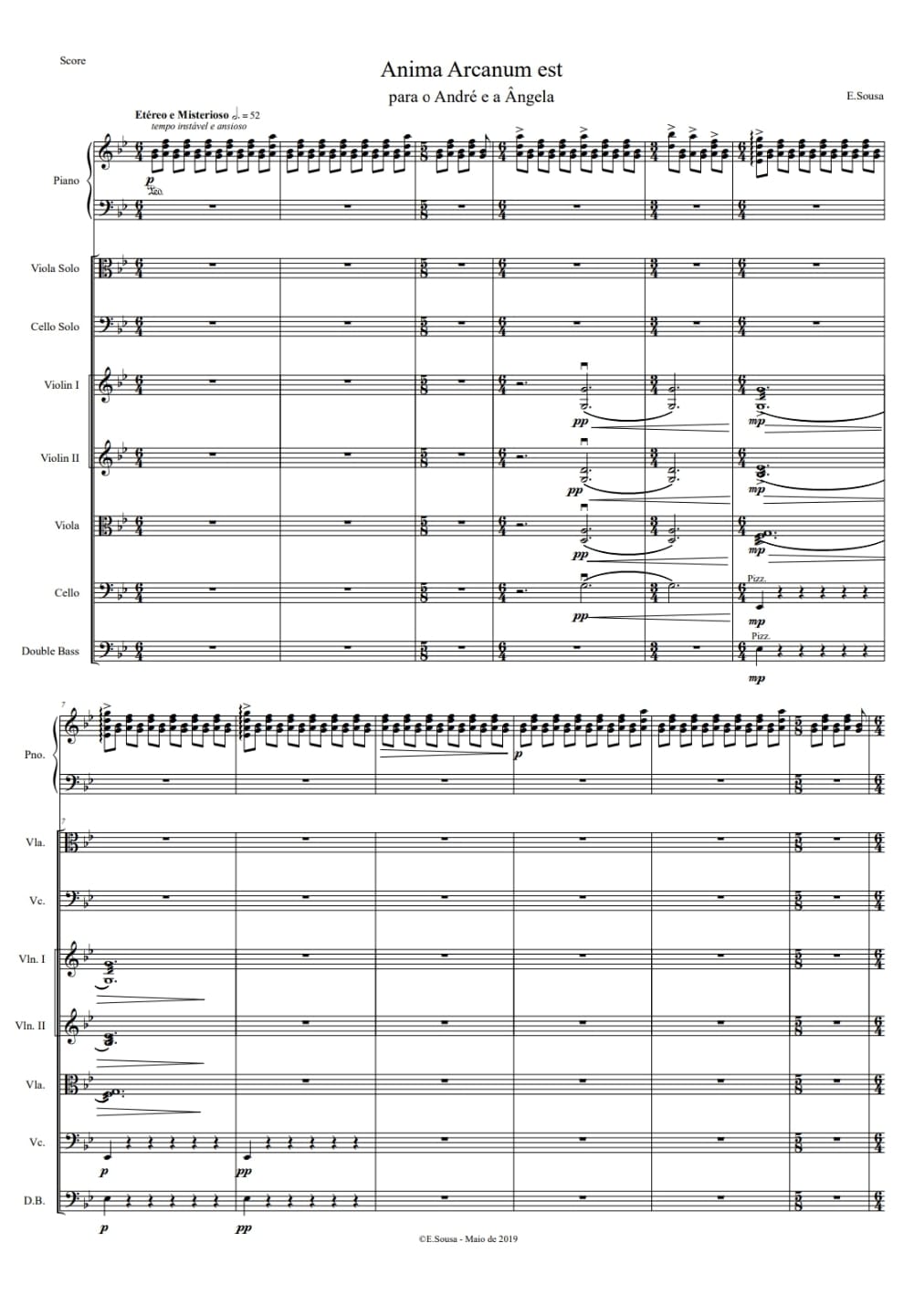 Music scores for the single "Anima Arcanum Est" from the composer, violinist and music producer E. Sousa, also known as Eduardo Sousa's debut EP "Echoes of One" Doublebass, Cello, Viola, Violins and Violin Solos music sheets for purchase. "Anima Arcanum Est" weaves a mystical narrative of love destined to be. Set in an ethereal realm, this song captures the profound journey of two souls as they gravitate towards each other and transform one another. Composed in homage to the wedding of two most dear friends, "Anima Arcanum Est" unfolds a tale of entanglement—a dance of chemistry that transcends time and space. As we navigate through joy, doubt, and discovery, we unveil the hidden depths of our souls, each encounter propelling us forward towards the creation of meaningful connection and the sense of peace and fulfillment that nothing else can ever hope to compete with.